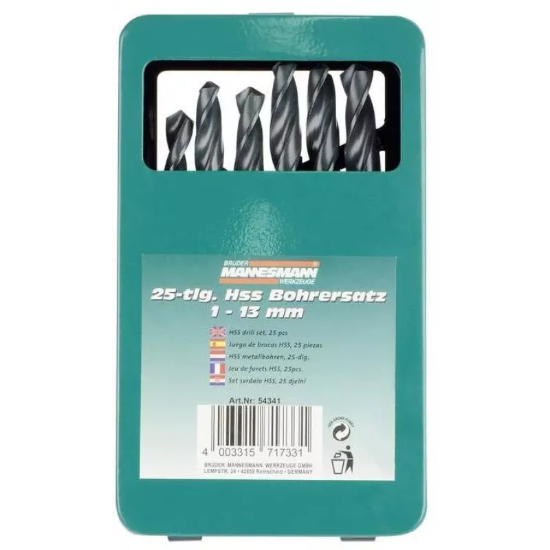 Brüder Mannesmann M54341 25 dalių HSS spiralinių grąžtų rinkinys, 1-13 mm metaliniame dėkle