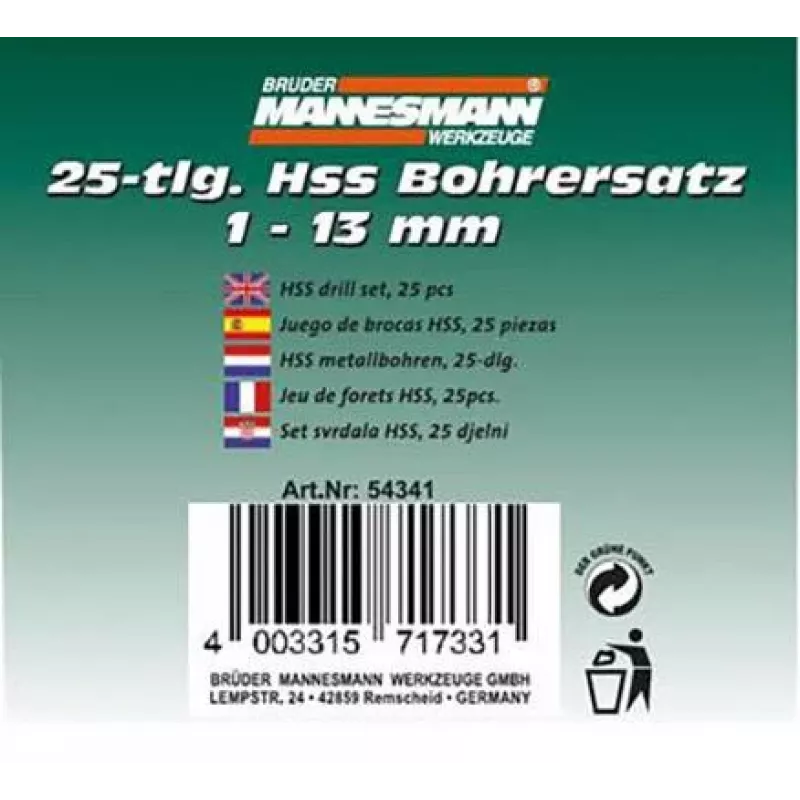 Brüder Mannesmann M54341 25 dalių HSS spiralinių grąžtų rinkinys, 1-13 mm metaliniame dėkle