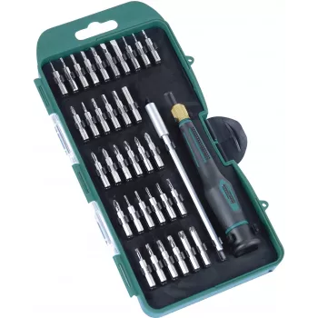 BRÜDER MANNESMANN Precision Mechanics 36 dalių atsuktuvų antgalių rinkinys, 4mm šešiakampis, plokštieji, Phillips, Torx, šešiakampiai, Pentalobe, Tri-Wing, spanner, kvadratiniai, Pozidriv, su 2 komponentų rankena 29890
