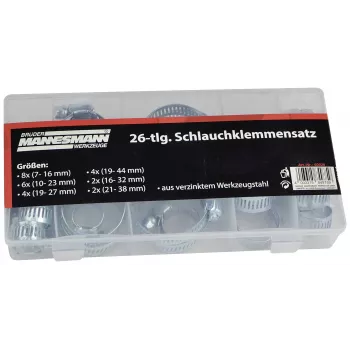 Brüder Mannesmann M60026 žarnų apkabų rinkinys, 70 dalių, 7-44 mm suspaudimo diapazonas, cinkuoto plieno sliekinės pavaros apkabos