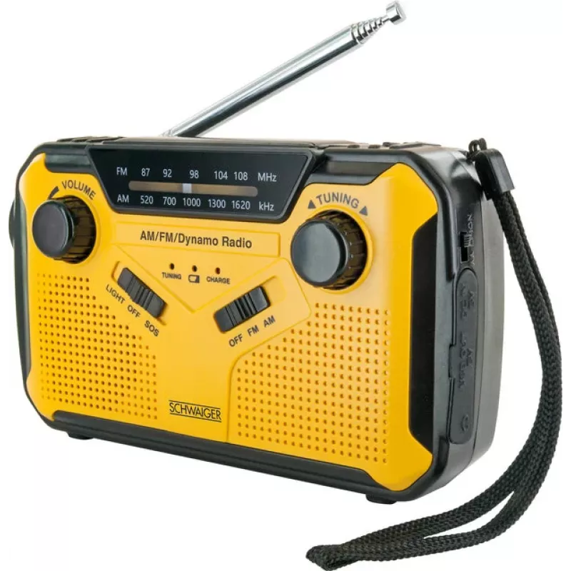 Schwaiger lauko radijas FM/AM su rankine dinamka ir saules baterija, atsparus purslams ir smugiams, su zibintuvėliu, geltonas/juodas (RADK0001)