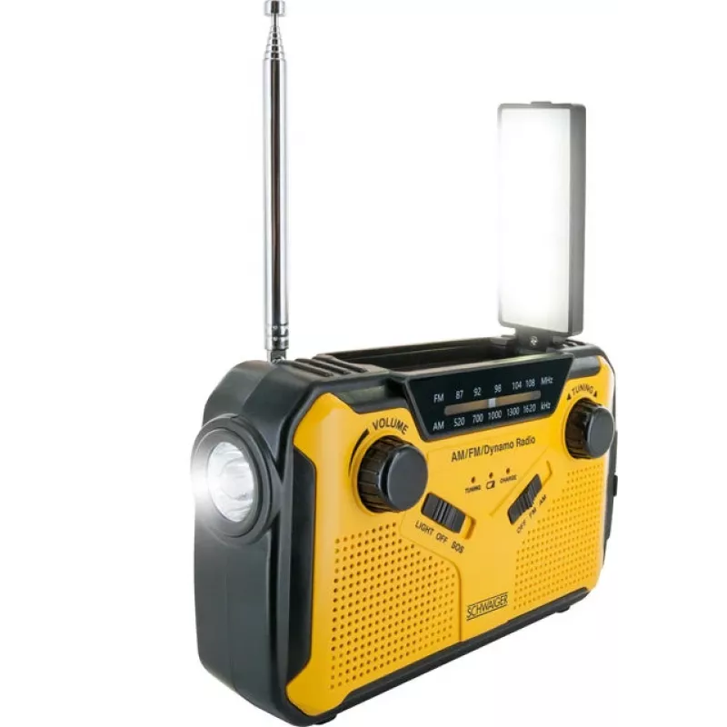 Schwaiger lauko radijas FM/AM su rankine dinamka ir saules baterija, atsparus purslams ir smugiams, su zibintuvėliu, geltonas/juodas (RADK0001)
