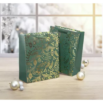 SIGEL GT118 dovanų maišeliai, auksiniai ornamentai žalioje fone, 26 x 32 cm, 5 vnt. pakuotė