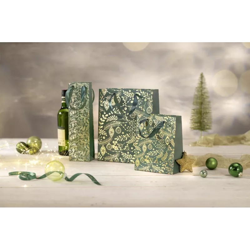 SIGEL GT118 dovanų maišeliai, auksiniai ornamentai žalioje fone, 26 x 32 cm, 5 vnt. pakuotė