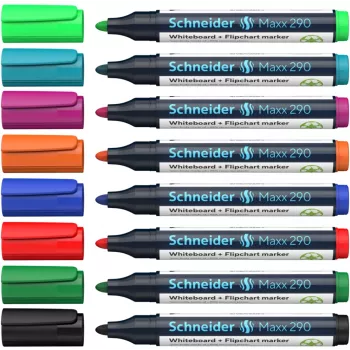 Schneider Maxx 290 baltoji lenta ir flipčartas žymeklių rinkinys, 8 vnt. įvairių spalvų, apvalus antgalis 2,0-3,0 mm 129098