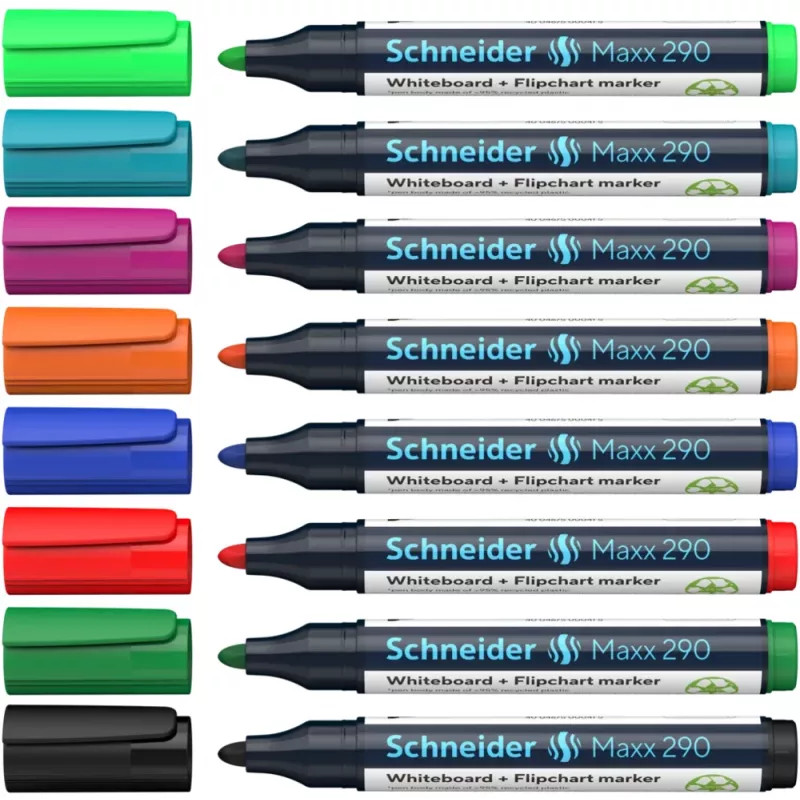 Schneider Maxx 290 baltoji lenta ir flipčartas žymeklių rinkinys, 8 vnt. įvairių spalvų, apvalus antgalis 2,0-3,0 mm 129098