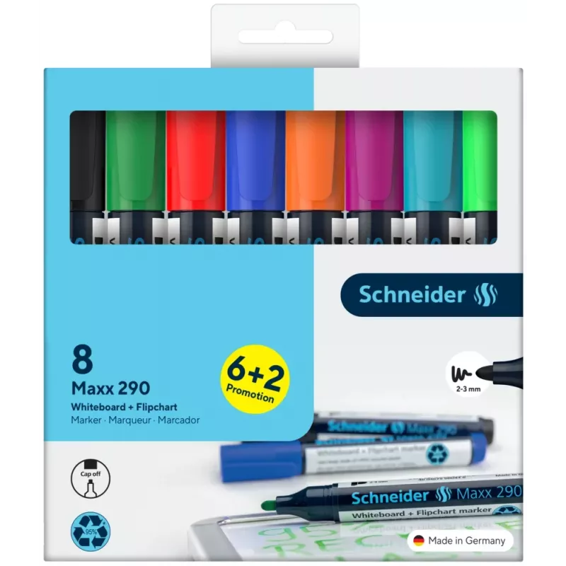 Schneider Maxx 290 baltoji lenta ir flipčartas žymeklių rinkinys, 8 vnt. įvairių spalvų, apvalus antgalis 2,0-3,0 mm 129098