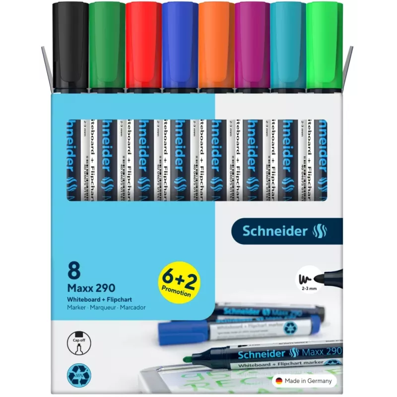 Schneider Maxx 290 baltoji lenta ir flipčartas žymeklių rinkinys, 8 vnt. įvairių spalvų, apvalus antgalis 2,0-3,0 mm 129098