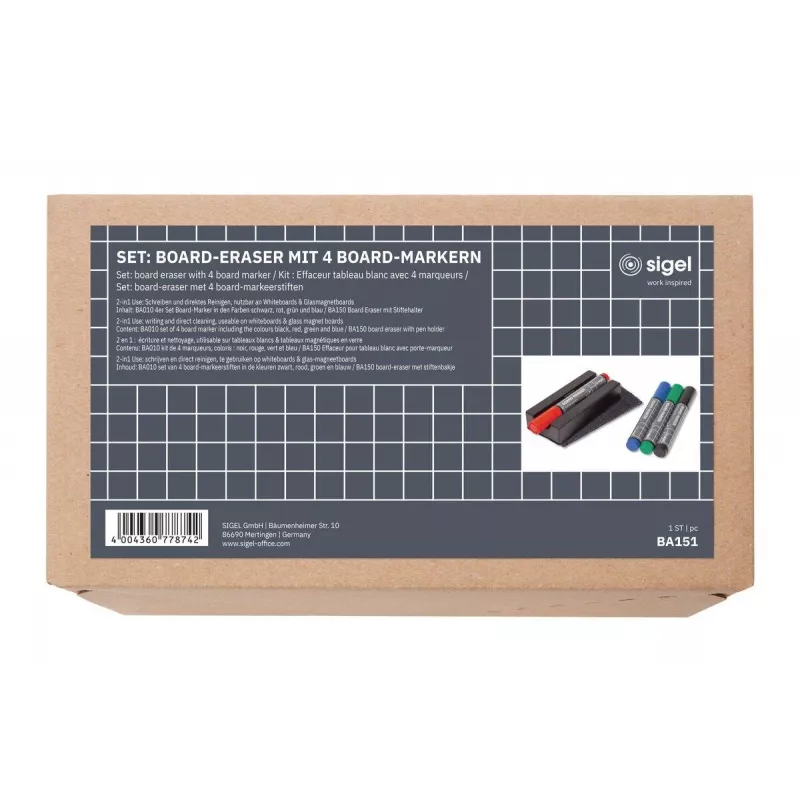 SIGEL BA151 magnetinis baltos lentos priedų rinkinys – 4 flomasteriai, magnetinė trintukė, magnetinis laikiklis, valymo purškalas 50 ml, 10 valymo šluosčių, juodas
