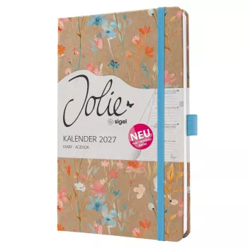 SIGEL Jolie 2027 savaitinis planeris A5 Blue Floral Serenity kietu viršeliu su elastine juostele, rašiklio kilpele, dviejomis knygos žymėmis, vidine kišene, 144 puslapiai, 80 g/m² popieriaus, užapvalinti kampai, daugiakalbis 7J807