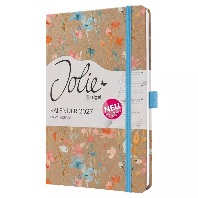 SIGEL Jolie 2027 savaitinis planeris A5 Blue Floral Serenity kietu viršeliu su elastine juostele, rašiklio kilpele, dviejomis knygos žymėmis, vidine kišene, 144 puslapiai, 80 g/m² popieriaus, užapvalinti kampai, daugiakalbis 7J807