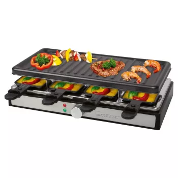 Clatronic RG 3757 raclette grilis, stačiakampis, briaunuota grilio plokštė 42x21 cm, 8 raclette keptuvės, 1400 W, nerūdijantis plienas/plastikas 263946
