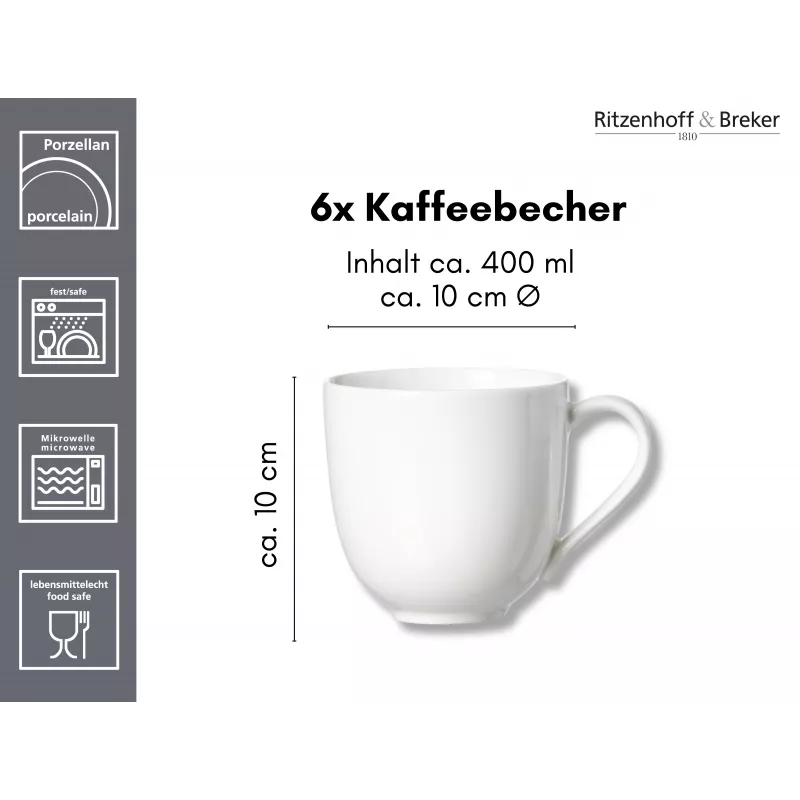 Ritzenhoff & Breker Skagen baltos porceliano kavos puodeliai 440 ml, 6 vnt. rinkinys 317329