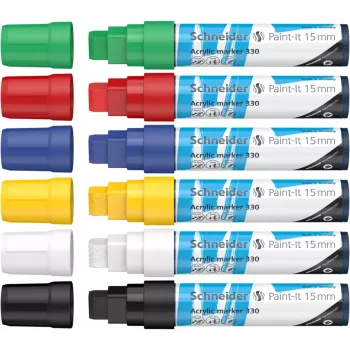 Schneider Paint-It 330 V1 akrilo žymeklių rinkinys, 6 skirtingų spalvų, 15 mm kaltinio antgalio 120396