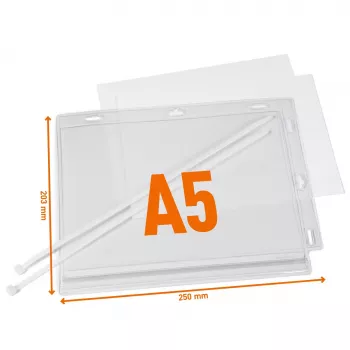 DURABLE vandeniui atsparūs A5 plakatų kišenės su surišimo dirželiais, 5 vnt. (505919)