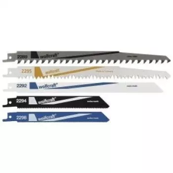 Wolfcraft 3599000 pjūklelio ašmenų rinkinys, 5 dalių, HCS ir bi-metalas, 150/230 mm, 6/18 TPI, universalus 1/2 colio kotas