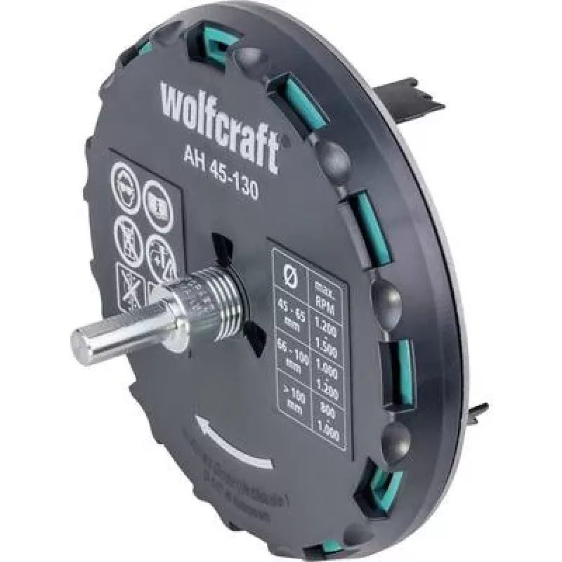 wolfcraft reguliuojamas kiaurymų pjovimo diskinis grąžtas 45-130 mm su HSS peiliukais ir centravimo grąžtu 5978000