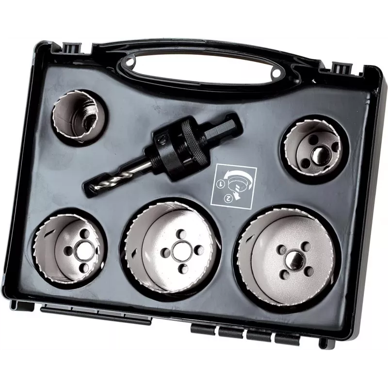 Wolfcraft 5423000 8 dalių kiaurymių pjovimo rinkinys, 25-68 mm, anglinio plieno, su šešiakampiu įtvaru ir centriniu grąžtu, dėkle