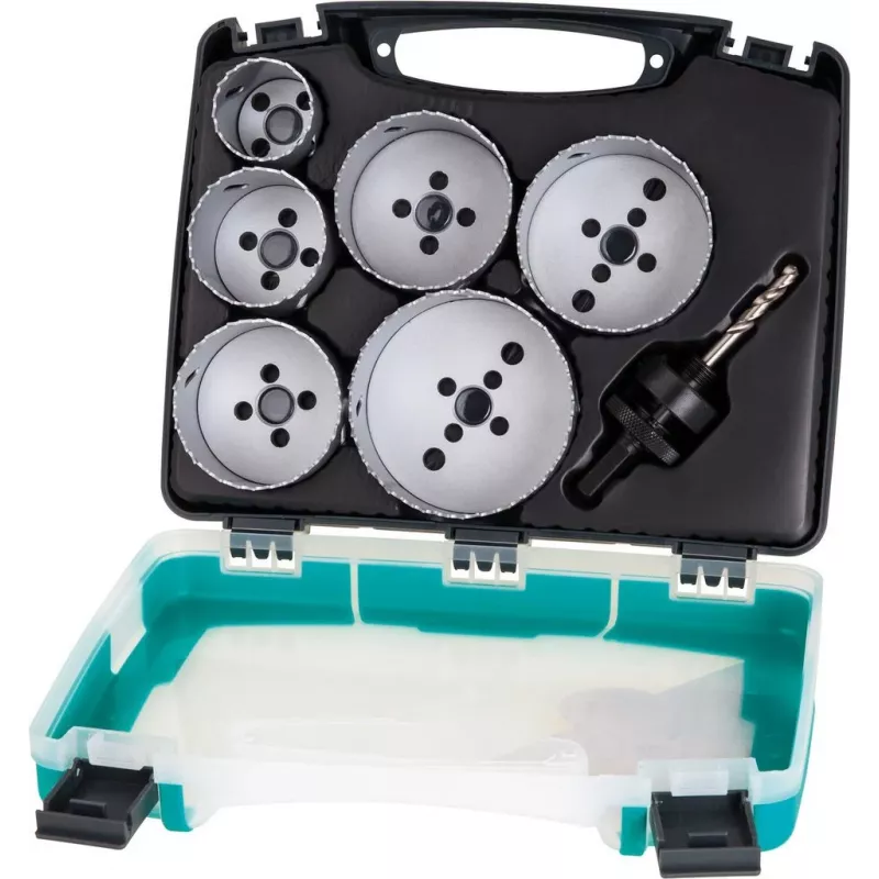 Wolfcraft 5423000 8 dalių kiaurymių pjovimo rinkinys, 25-68 mm, anglinio plieno, su šešiakampiu įtvaru ir centriniu grąžtu, dėkle