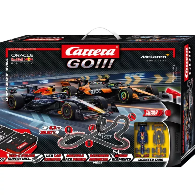 Carrera GO!!! Championship Rivals elektrinis bėgių automobilių lenktynių rinkinys 1:43 mastelio, 5,3 m trasa, Red Bull vs Mercedes F1