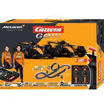 Carrera GO!!! McLaren Racing elektrinis lenktynių automobilių rinkinys 1:43 mastelio su kilpa, viaduku, siauru ruožu, 2 pultais, 6,2 m trasa