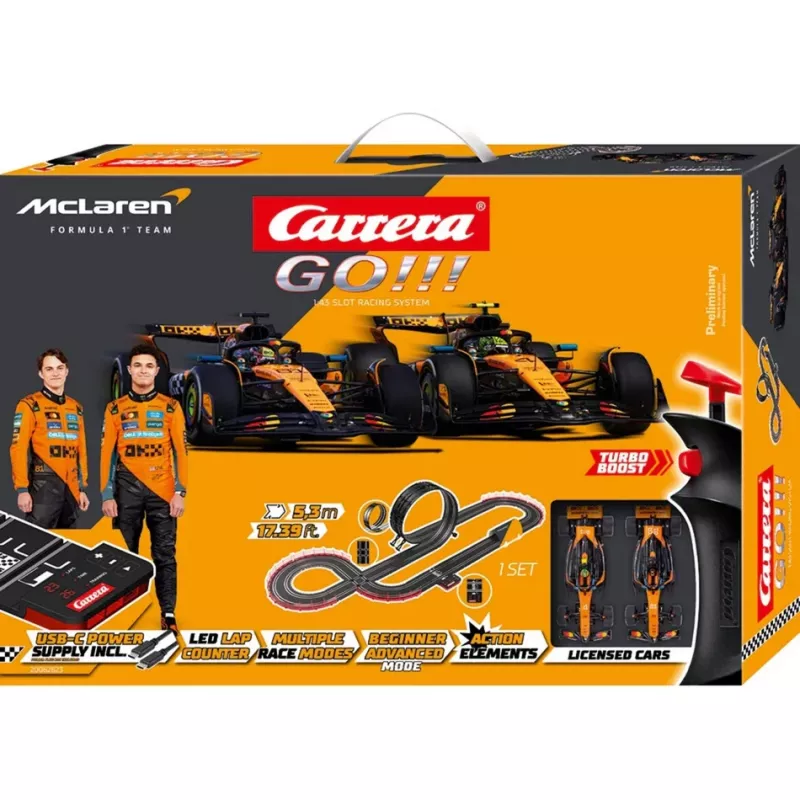 Carrera GO!!! McLaren Racing elektrinis lenktynių automobilių rinkinys 1:43 mastelio su kilpa, viaduku, siauru ruožu, 2 pultais, 6,2 m trasa