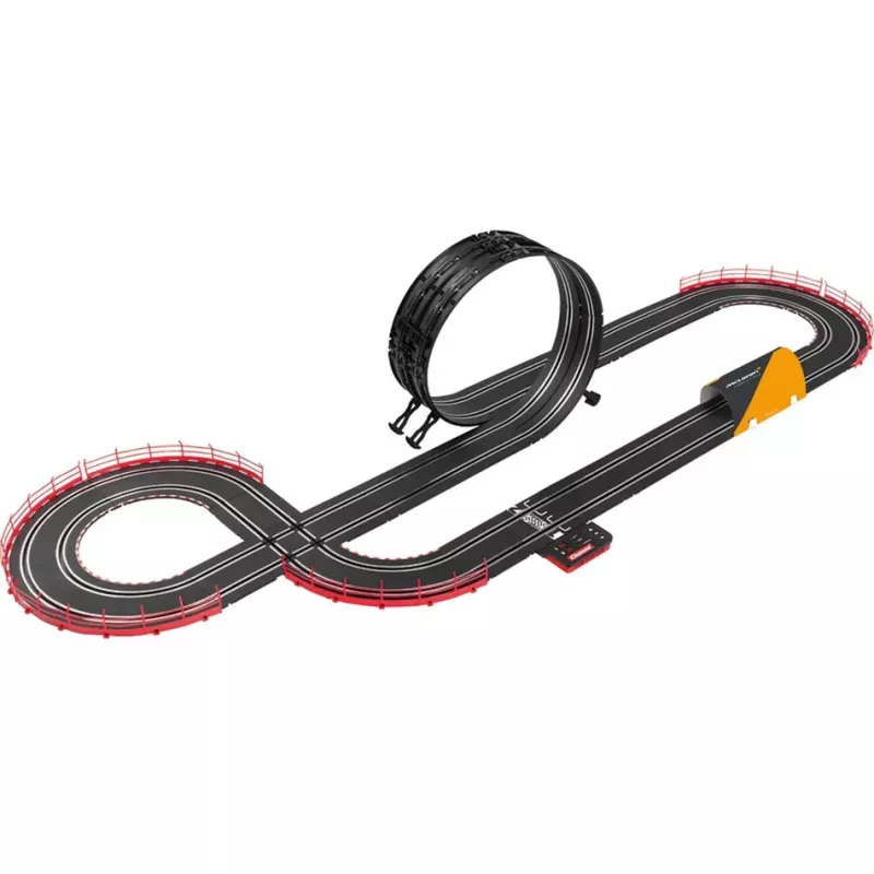 Carrera GO!!! McLaren Racing elektrinis lenktynių automobilių rinkinys 1:43 mastelio su kilpa, viaduku, siauru ruožu, 2 pultais, 6,2 m trasa