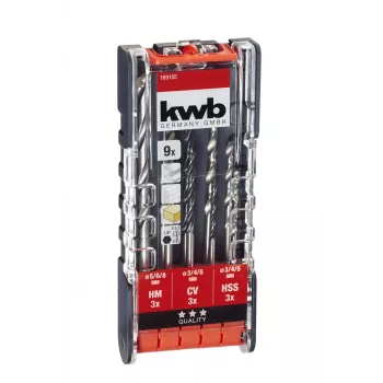 KWB 109155 HSS sukimosi grąžtų rinkinys, 9 dalių, 1,5-6,0 mm, DIN 338, šlifuoti, metalui, plastikui, medienai