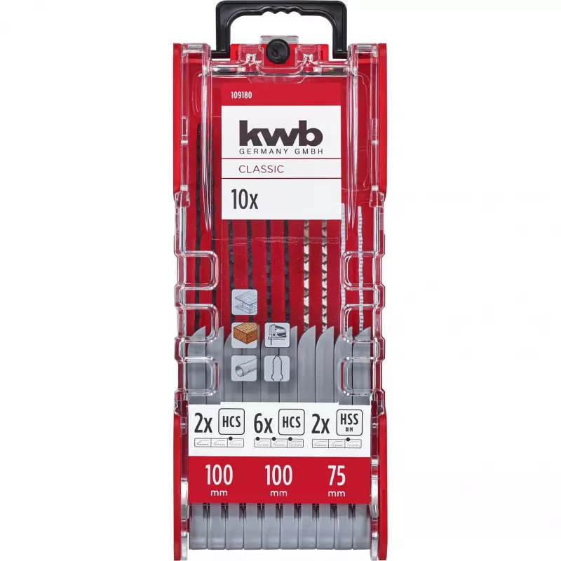 kwb 109180 pjūklelio ašmenų rinkinys, 10 dalių, T formos kotas, medienai/metalui/plastikui