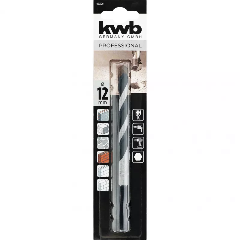 KWB 050720 volframo karbido betono spiralinis grąžtas 12 mm, bendras ilgis 150 mm, cilindrinis kotas, 1 vnt.