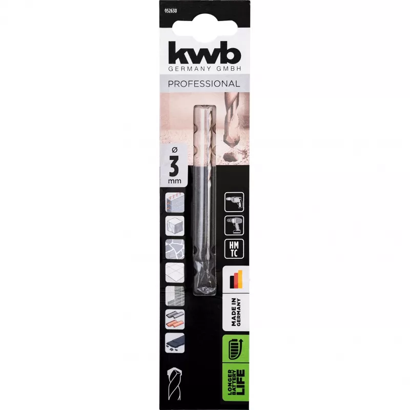 KWB 052630 karbido gręžtuvas granitui 3,0 mm x 70 mm cilindriniu kotu