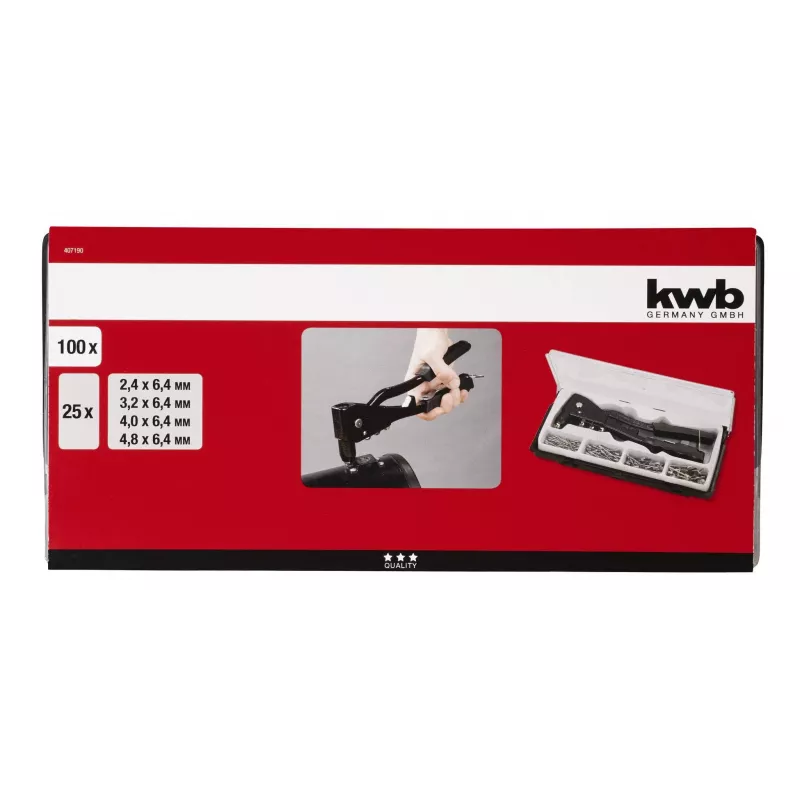 kwb 407190 aklinų kniedžių replių rinkinys su 100 aliuminio kniedžių ir 4 antgaliais