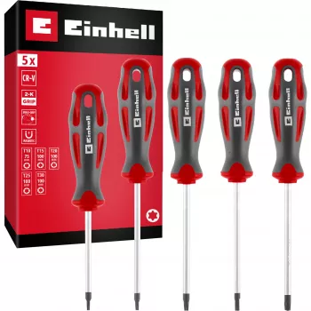 Einhell Universal Torx atsuktuvų rinkinys T10-T30, 5 vienetai, magnetiniai antgaliai, chromo vanadžio plienas, ergonomiškos dvikomponentės rankenos, dirbtuvėms ir namų meistrams 370537