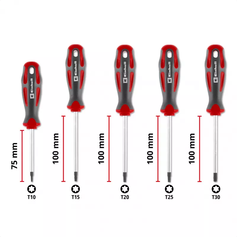 Einhell Universal Torx atsuktuvų rinkinys T10-T30, 5 vienetai, magnetiniai antgaliai, chromo vanadžio plienas, ergonomiškos dvikomponentės rankenos, dirbtuvėms ir namų meistrams 370537