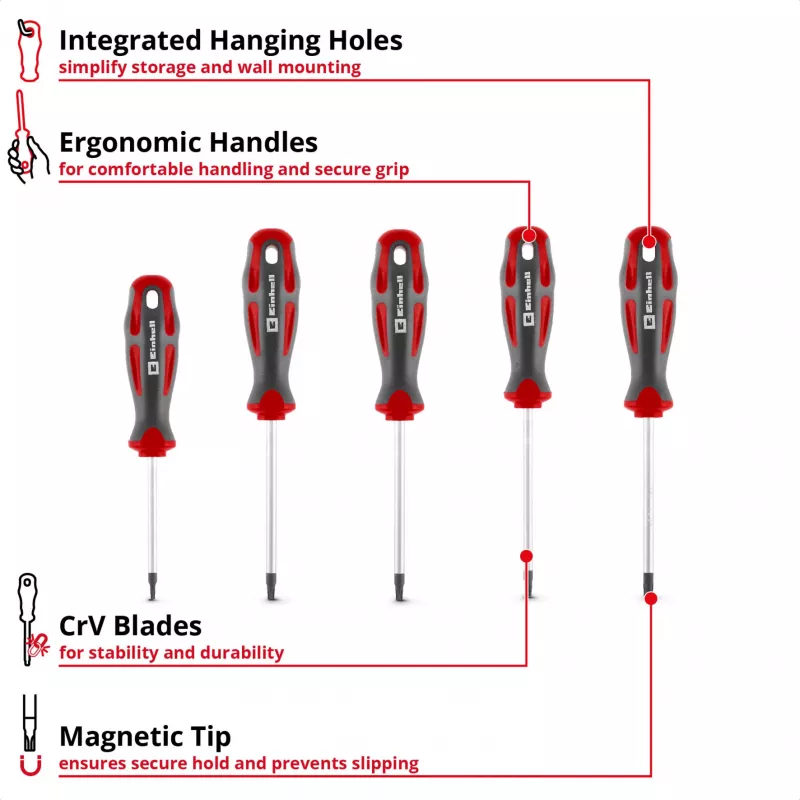 Einhell Universal Torx atsuktuvų rinkinys T10-T30, 5 vienetai, magnetiniai antgaliai, chromo vanadžio plienas, ergonomiškos dvikomponentės rankenos, dirbtuvėms ir namų meistrams 370537