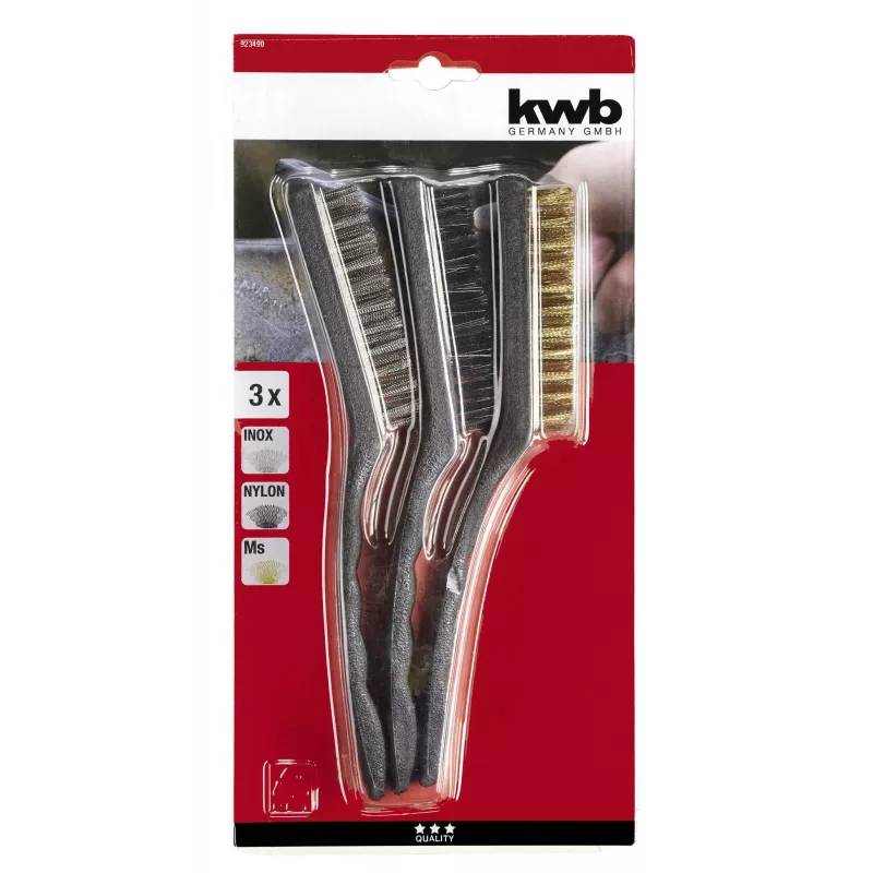 kwb 3 dalių vielinių šepečių rinkinys – plieno, žalvario ir nailono šereliai su ergonomiškomis rankenomis (923490)