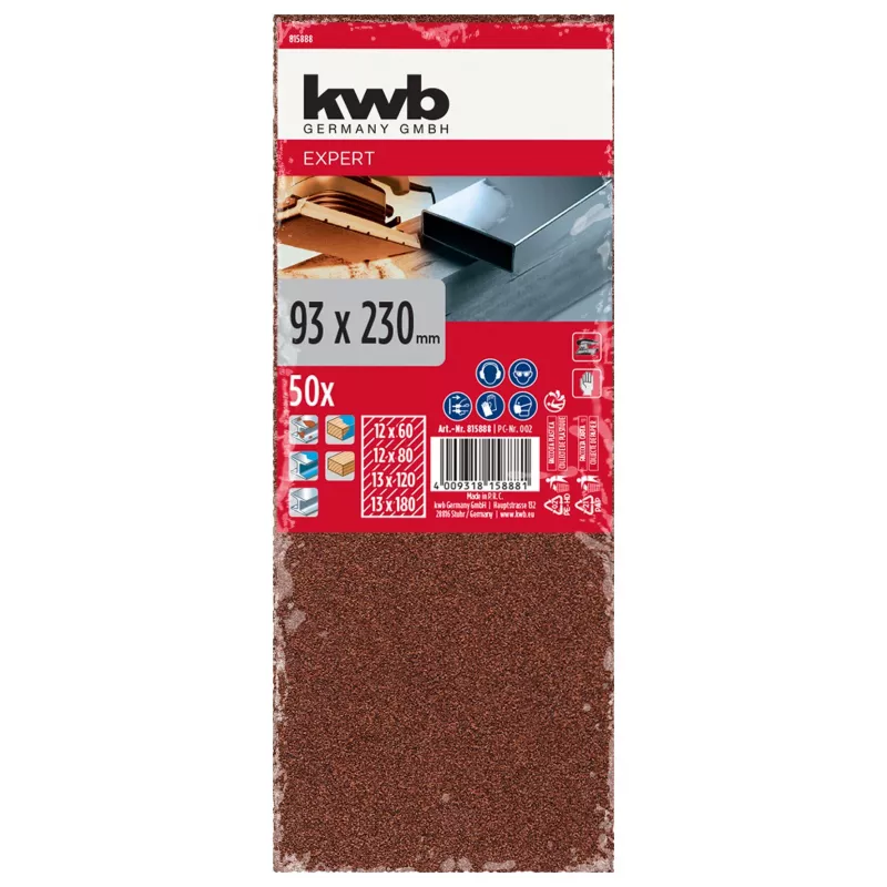 KWB 815888 švitrinio popieriaus lapai, grūdėtumas P60/P80/P120/P180, 230 x 93 mm, 50 vnt.