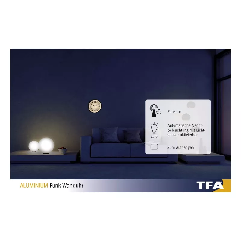 TFA Dostmann 60.3535.02 Radijo bangomis valdomas sieninis laikrodis, apvalus, sidabrinis – baltas