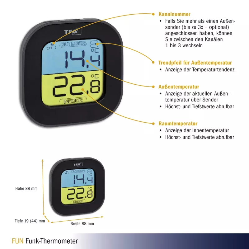 TFA Dostmann skaitmeninis termo-higrometras Square 1.5V 61x24x61mm juodas 30.3068.01