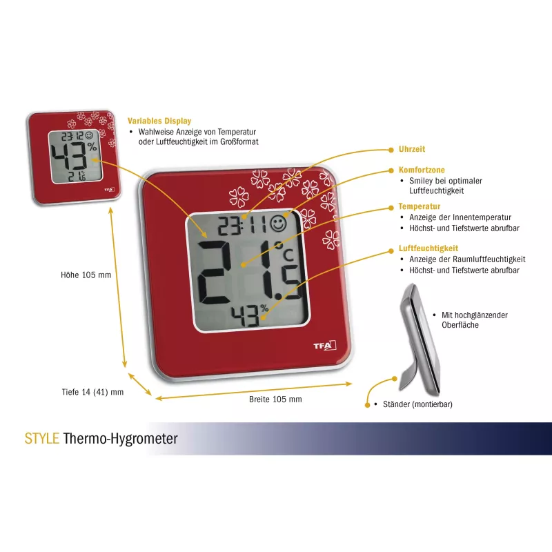 TFA Dostmann Style vidinis elektroninis higrometras raudonas (30.5021.05)