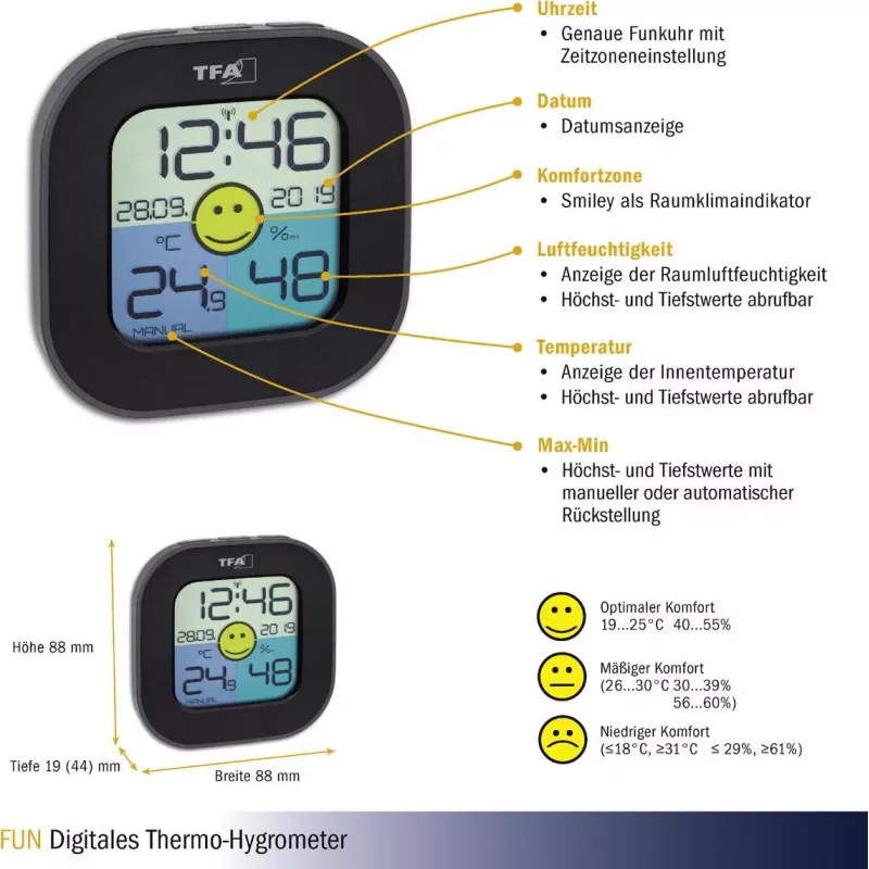 TFA Dostmann FUN patalpų elektroninis higrometras juodas (30.3242.02)