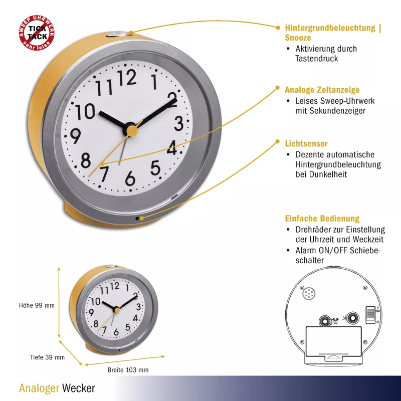 TFA Dostmann 60.1034.07 geltonas apvalus analoginis kvarcinis žadintuvas
