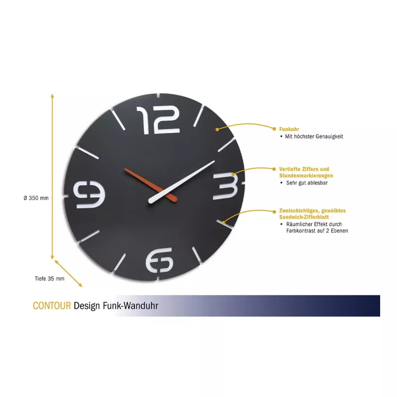 TFA Dostmann Design Radio valdomas sieninis laikrodis Contour, juodas/baltas (60.3536.10)