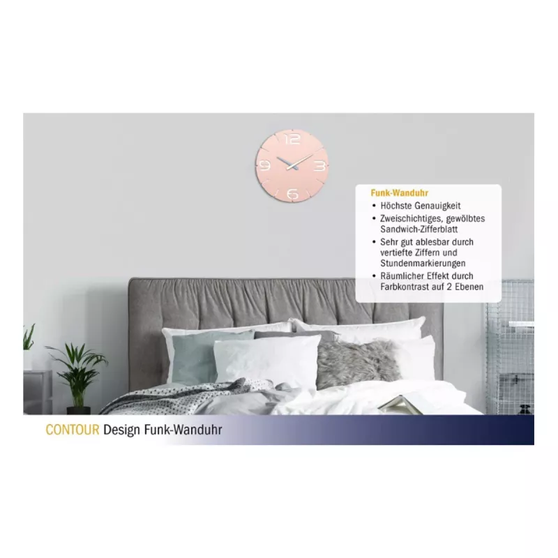 TFA Dostmann Design Radiobanginis sieninis laikrodis Contour, švelniai rožinis/baltas (60.3536.16)