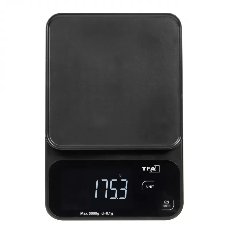 TFA Dostmann COOKIE skaitmeninės virtuvinės svarstyklės, 5 kg talpa, 1 g tikslumu, su matavimo dubeniu, juodos 50.2009.01