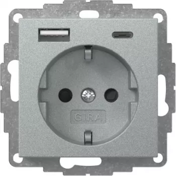 Gira System 55 SCHUKO lizdas su USB A/C įkrovikliu, aliuminio spalvos 245926