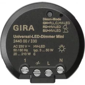 GIRA 244000 Universalus LED šviesos reguliatoriaus modulis, įleidžiamas, elektroninis, 230 V AC, 3-100 W LED / 20-200 W halogenų, fazių valdymas, švelnus paleidimas, atminties funkcija