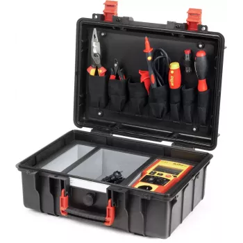 Wiha PAT one Gerätetester-Set VDE-Norm 0701-0702 (47220) nešiojamas prietaisų testeris su spalvotu LCD, Bluetooth, USB-C, Li-Ion baterija, matavimo laidais, krokodilų spaustukais, lagaminu