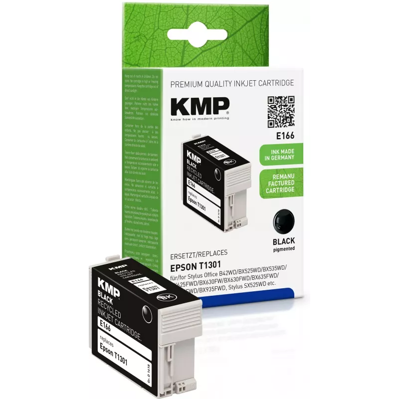 KMP E166 juodas suderinamas rašalo kasetridas Epson Stylus Office ir WorkForce spausdintuvams (25 ml, didelės talpos, pakeičia T1301) 1618.4001