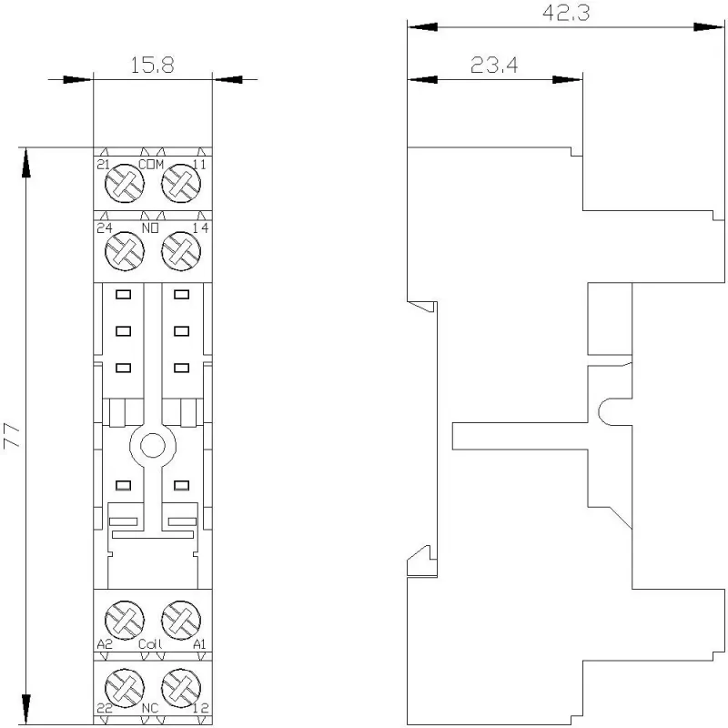 Siemens LZS:RT78725 relių lizdas 15 mm SIRIUS RT serijos relėms, varžtiniai gnybtai, DIN bėgio tvirtinimas, juodas